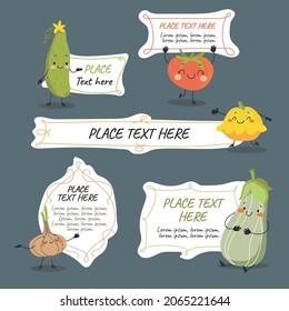 Vector doodle labels with vegetables. Tomato, onion, patisson, squash, cucumber with hand draw banner