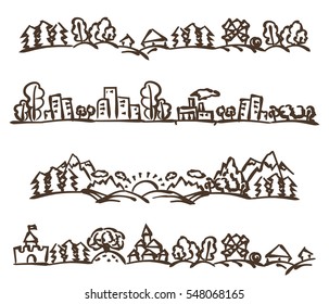 Vector doodle landscape panoramas set. Stock cartoon illustration for design.