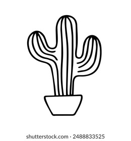 Vector doodle of a large cactus in a pot. Isolated outline illustration of a plant on a white background