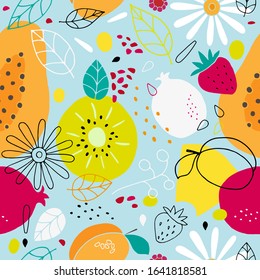 Vector doodle layered seamless pattern with juicy fruits; papaya, kiwi, apricot, berries, flowers, leaves on blue background.