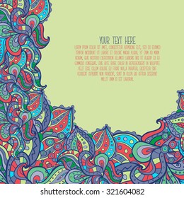 Vector doodle leaves & paisleys border. Wavy border created for invitation card design, background, wallpaper, notebook wrapping.