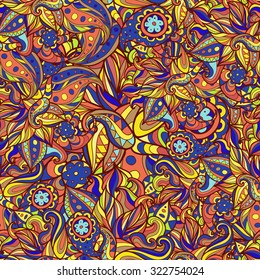 Vector doodle leaves & paisleys seamless pattern. Wavy pattern created for background, wallpaper, notebook wrapping, textile, web design. India style oriental pattern.
