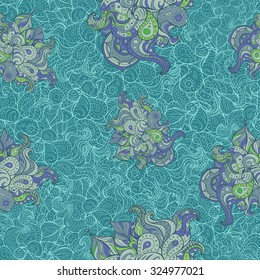 Vector doodle leaves & paisleys seamless pattern. Wavy pattern created for background, wallpaper, notebook wrapping, textile, web design.