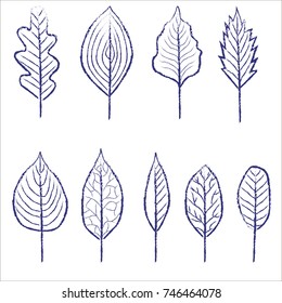 Vector doodle leaves set. Charcoal.