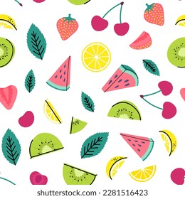 Vector doodle lemon, kiwi, watermelon, cherry and strawberry summer fruits pattern. Seamless background for vacation time. Summer food slices, berries and leaves illustration