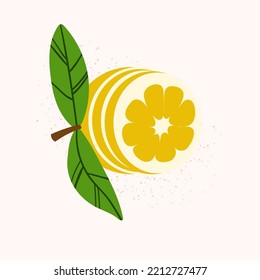 Limón vectorial de doodle con hojas. Pegatina dibujada a mano aislada con cítricos