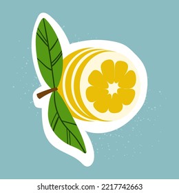 Limón vectorial de doodle con hojas. Pegatina dibujada a mano aislada con cítricos
