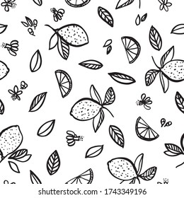 Vector doodle lemon summer pattern. Hand drawn modern summer repeating design. Hand drawn bright citrus fruit pattern with leaf and blossom on white background. Classy simple summer backdrop.