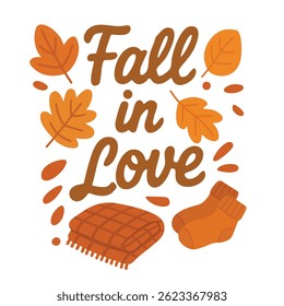 Vector doodle lettering with autumn leaves, blanket and socks in flat cartoon cozy style.