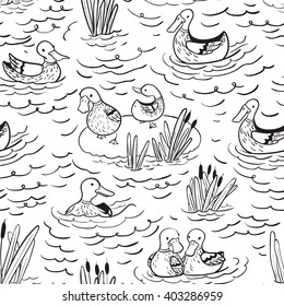 Vector doodle line art  black and white seamless pattern illustration with ducks and reed on water