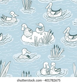Vector doodle line art color seamless pattern illustration with ducks and reed on water