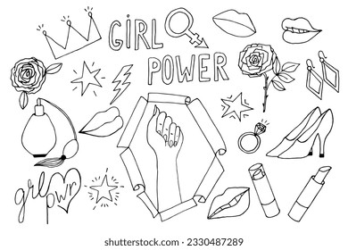 Vector doodle line art set with girls power, feminism concept