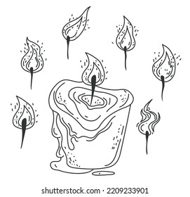 Vector doodle line art style candle with different flame shapes isolated set. Vector doodle line style design element