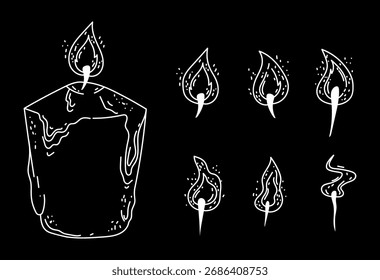 Vector doodle line art style candle with different flame shapes isolated set. Vector doodle line style design element