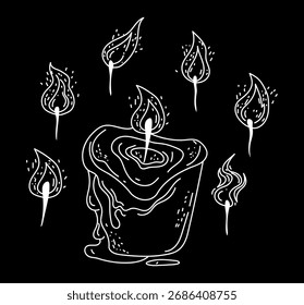 Vela de estilo de arte de línea de Vector doodle con diferentes Formas de llama aisladas. Elemento de diseño de estilo de línea de doodle de Vector