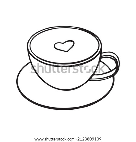 vector doodle line drawing of cappuccino coffee cup with heart shape on foam