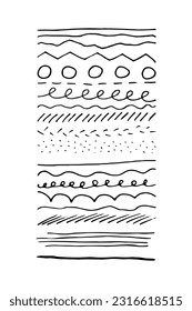 Vector doodle line set. Black brush strokes of paint isolated on white background. Hand-drawn illustration for print, decoration. Liner wave, dot, circle, spiral, loop. Ornamental calligraphic stripes