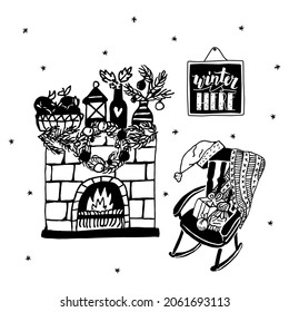 Vector doodle, linear illustration with elements in concept of winter, Christmas, New Year. Decorated fireplace with fire, rocking chair, painting, lettering on background of snowflakes are painted.