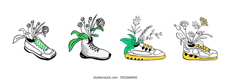 Vector doodle linear illustration with set, collection of sneakers with floral, plant elements inside. Concept sports and casual, comfortable shoes.