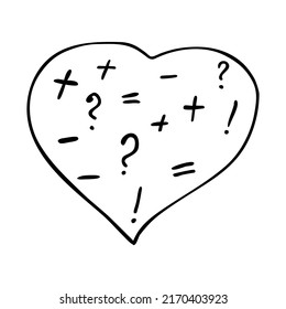 Vector doodle lineart heart with math symbols inside. Isolated outline heart shape for coloring on white