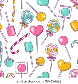 Vector doodle lollipops pattern. Bright sweet food hand drawn illustration. Cartoon candy background. Great for baby decor