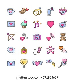 Vector doodle love icons and symbols. Heart, rings, gifts hand drawn signs for wedding and saint valentine day