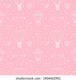 Símbolos De Amor De Doodle Vector Patrón Blanco Rosado Sin Marea. Globo de aire caliente en forma de corazón, Regalo de paracaídas, Corazones, Alas. Fondo de vacaciones para San Valentín, diseño de bodas impreso, papel de envoltura, textil