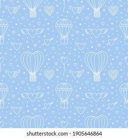 Símbolos De Amor De Doodle Vector Patrón Blanco Rosado Sin Marea. Globo de aire caliente en forma de corazón, Regalo de paracaídas, Corazones, Alas. Fondo de vacaciones para San Valentín, diseño de bodas impreso, papel de envoltura, textil