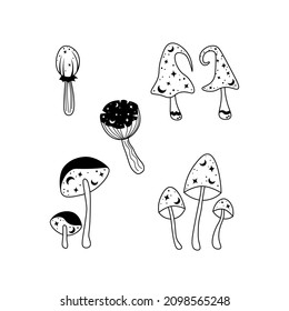 Vector doodle magical mushrooms set. Hand drawn black and white celestial trippy mushroom illustration. Flat design. Mystical clipart for stickers, print, logo. Witchcraft, astrology, esoteric concept