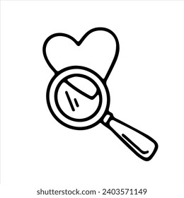 Vector doodle magnifying glass and heart. Line drawing for card, Valentine's day, birthday, wedding