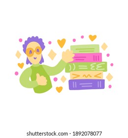 Vector doodle with man and books for book lovers and readers. Man with books. Vector template for card, postcard, banner, poster, sticker 
