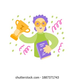 Vector doodle with man with cup and book for book lovers and readers. Cute books. Vector template for card, postcard, banner, poster, sticker 