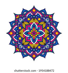 Vektor doodle mandala. Abstrakte Blumengrafik. Einzeln auf weißem Hintergrund. Ethnische Mandala mit bunten Stammesmustern. Handgezeichnete Doodle-Blume.