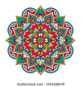 Vector doodle mandala. Abstract floral illustration. Isolated on white background. Ethnic mandala with colorful tribal patterns. Hand drawn doodle flower.