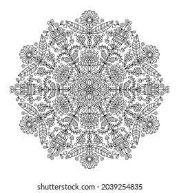 Vector doodle mandala. Ethnic illustration with floral ornament. Isolated. Black and white colors. Outline. Coloring page for adult.