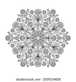 Vector doodle mandala. Ethnic illustration with floral ornament. Isolated. Black and white colors. Outline. Coloring page for adult.