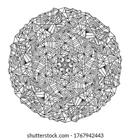 Vector doodle mandala. Hand drawn abstract illustration. Outline. Black and white colors. Isolated.Round pattern for coloring book. Anti stress coloring for adult. Geometric graphic.