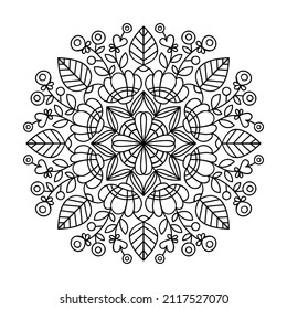 Vector doodle mandala. Hand drawn floral ornament for coloring book. Anti stress coloring page. Illustration for relaxation. Black and white. Outline. Isolated.