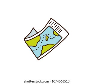 Vector doodle map with oceans, land, destination and information. Hand drawn illustration icon for vacations, holidays, traveling