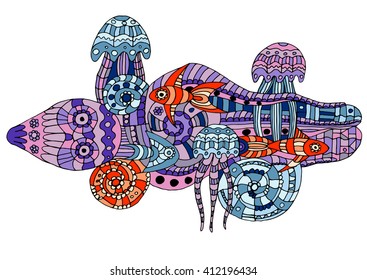 Vector doodle marine life pattern. The illustration shows the fish, octopus, jellyfish and sea snails