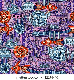 Vector doodle marine life pattern. The illustration shows the fish, octopus, jellyfish and sea snails