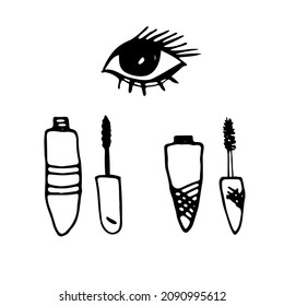 Máscara de doodle vectorial para pestañas, ojos. Dos tipos de pinceles para pintar pestañas. Dibujo de cosméticos. El contorno aislado negro sobre un fondo blanco.