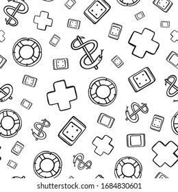 Vector doodle medical first aid pattern with line art irregular first aid symbols. Graphic, modern design, healthcare, infographic, packaging.
