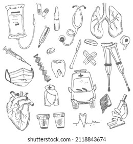 Vector doodle medical set. healthcare and medicine concept