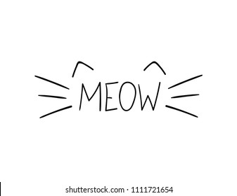 Vector Doodle Meow Illustration, Cat Whiskers Hand Drawn Illustration.