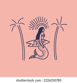 Vector doodle mermaid, sea and palm trees surf vector label clip art elements composition set. Cute ocean serena surfer girl isolated on color background. Vintage retro style.