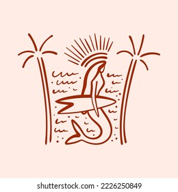 Vector doodle mermaid, sea and palm trees surf vector label clip art elements composition set. Cute ocean serena surfer girl isolated on color background. Vintage retro style.