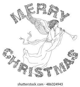 Vector doodle Merry Christmas en angel, lettering Greeting Card design.Vector illustration. Hand drawn line illustration.Sketch for postcard or print or coloring adult anti stress book. Zen art style.