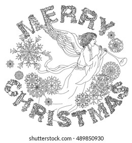 Vector doodle Merry Christmas en angel, lettering Greeting Card design.Vector illustration. Hand drawn line illustration.Sketch for postcard or print or coloring adult anti stress book. Zen art style.