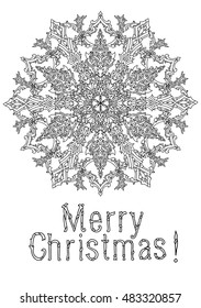 Vector doodle Merry Christmas, lettering Greeting Card design .a Hand drawn line illustration.Sketch for postcard or print or coloring adult anti stress book.Boho zen art style.